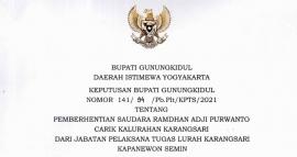 SK BUPATI NOMOR 141/94/Pb.Plt/Kpts/2021TENTANG PEMBERHENTIAN CARIK DARI PLT LURAH